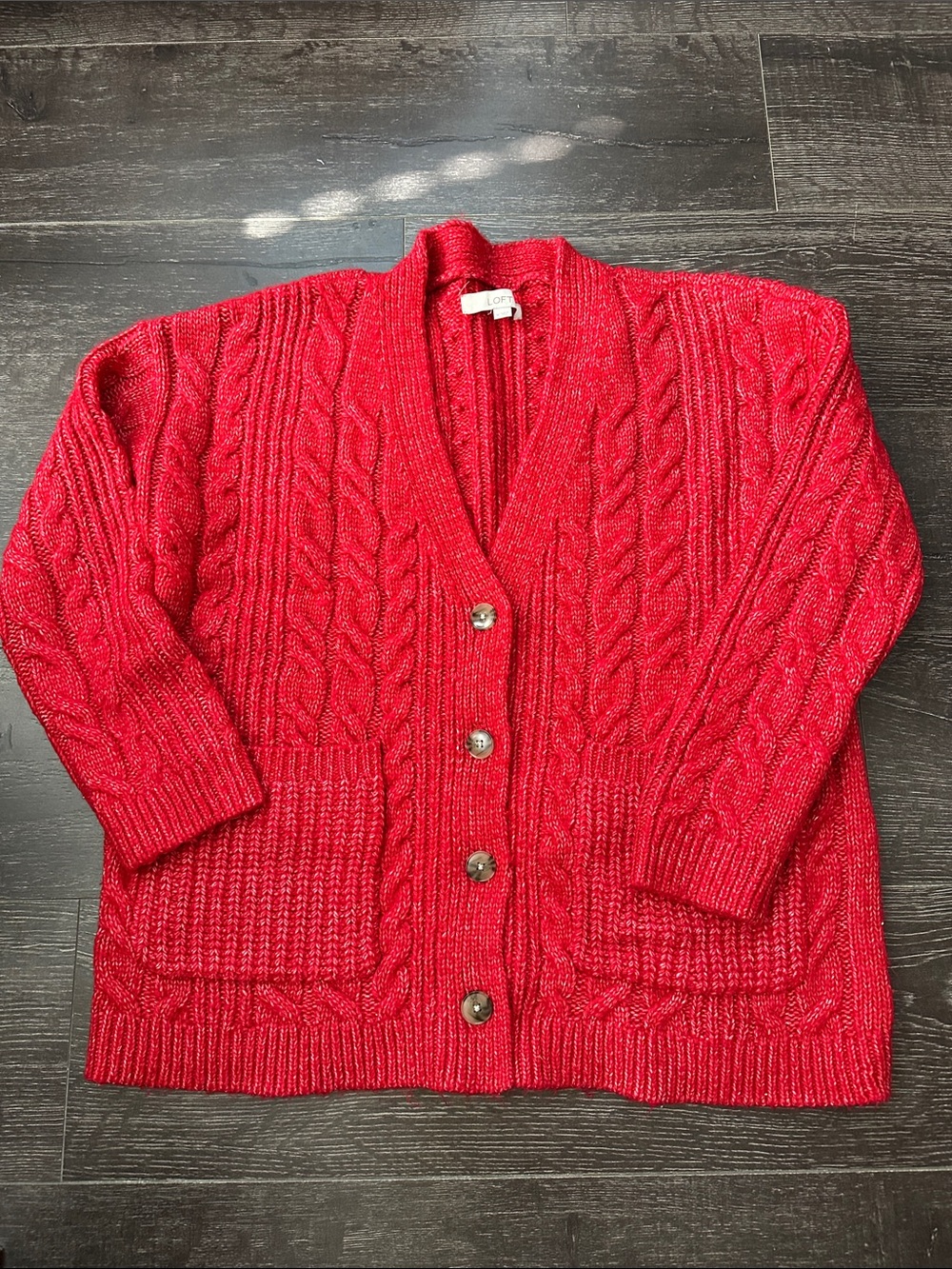 LOFT Red Cable-Knit Button-Front Women's Cardigan